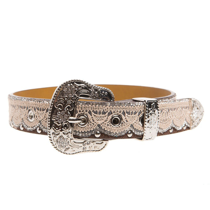 Girl's 1in Brown/Tan Lace Belt w/Clear Studs