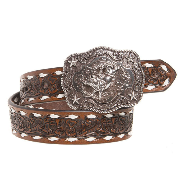 Boys Brown Floral Tooled Belt with Buckstitching and Buckle
