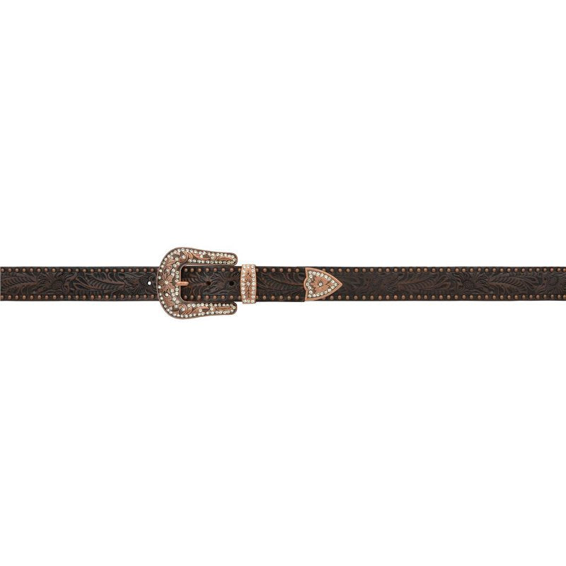 3-D Ladies 1 1/2in Brown Floral Belt with Bronze Studs