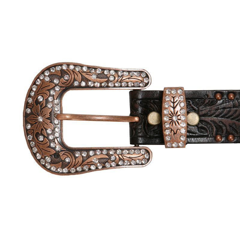 3-D Ladies 1 1/2in Brown Floral Belt with Bronze Studs