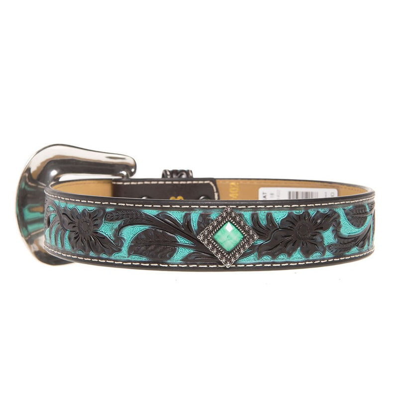 Youth Brown Floral Belt with Painted Turquoise Inlay