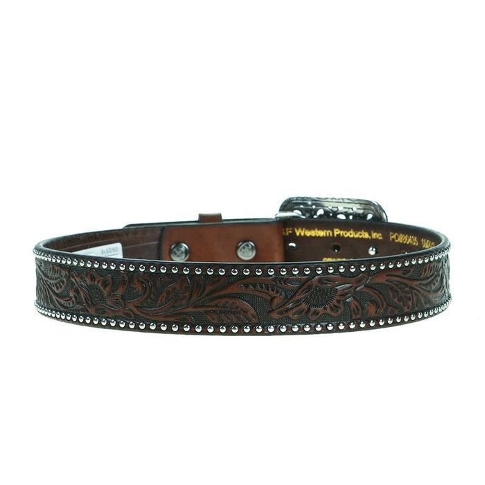 Girls M+F Brown Floral Tooled Belt With Silver Studs