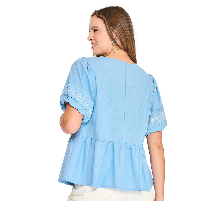 Umgee Usa Inc. Women's Chambray Embroidered Peplum Top