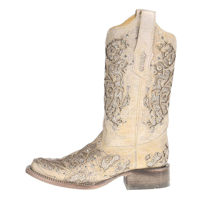 Corral Ladies White Glitter/Crystals Square Toe Cowgirl Boots