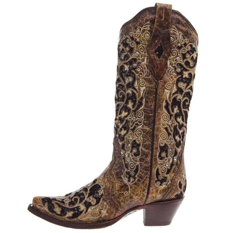 Corral Women`s Brown Inlay and Flowered Embroidery 13In Studs and Crystals Boot