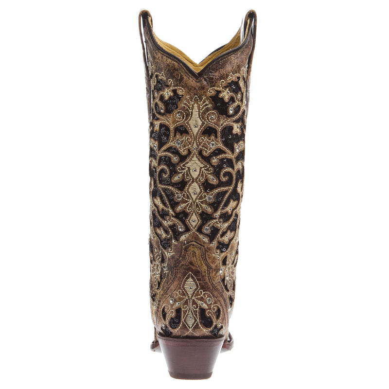 Corral Women`s Brown Inlay and Flowered Embroidery 13In Studs and Crystals Boot