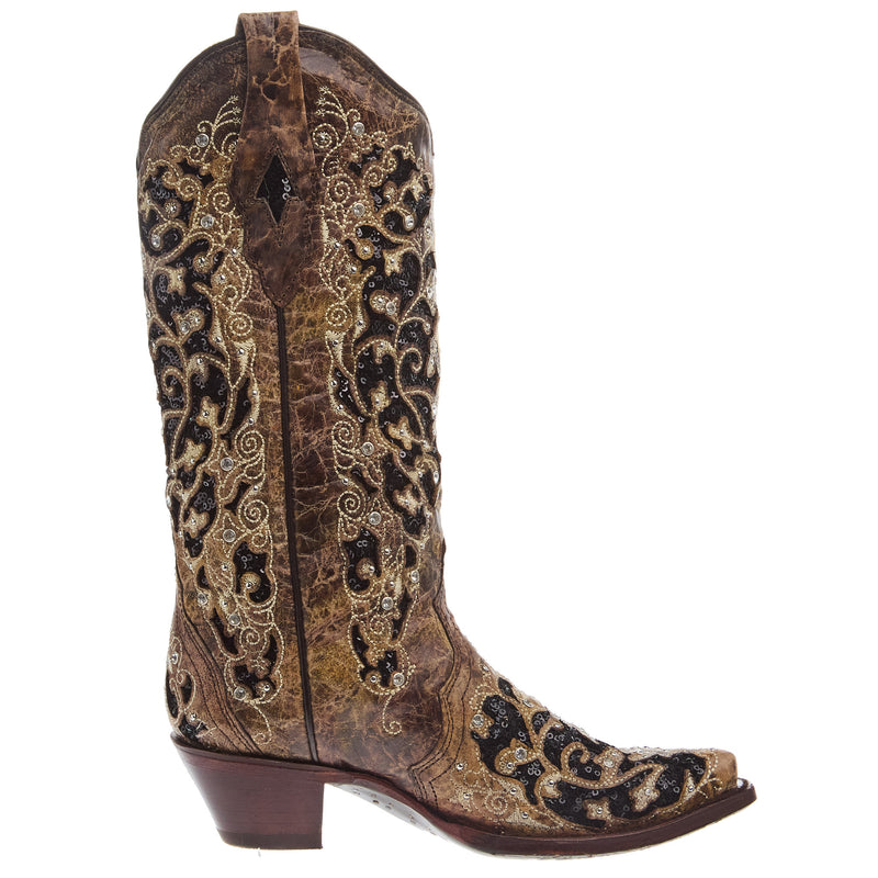 Corral Women`s Brown Inlay and Flowered Embroidery 13In Studs and Crystals Boot