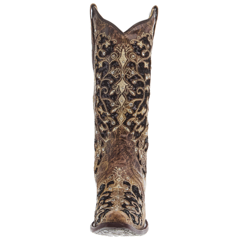 Corral Women`s Brown Inlay and Flowered Embroidery 13In Studs and Crystals Boot