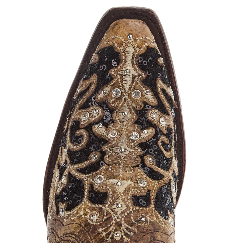 Corral Women`s Brown Inlay and Flowered Embroidery 13In Studs and Crystals Boot