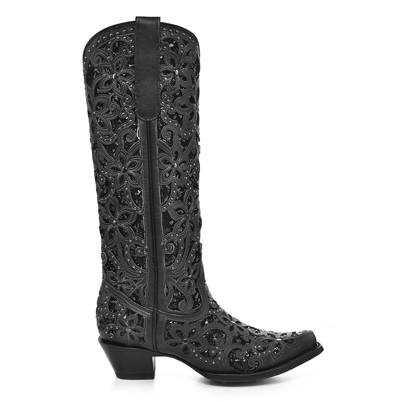 Corral Women`s Black Inlay Floral Crystal Inlay Vamp 13In Matching Top Boot