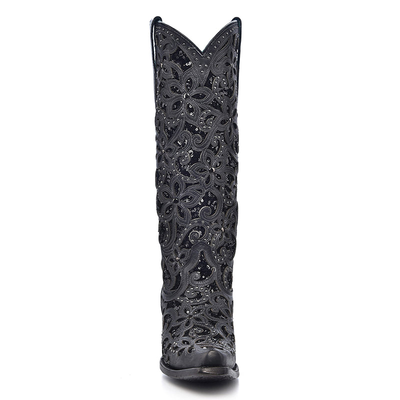 Corral Women`s Black Inlay Floral Crystal Inlay Vamp 13In Matching Top Boot