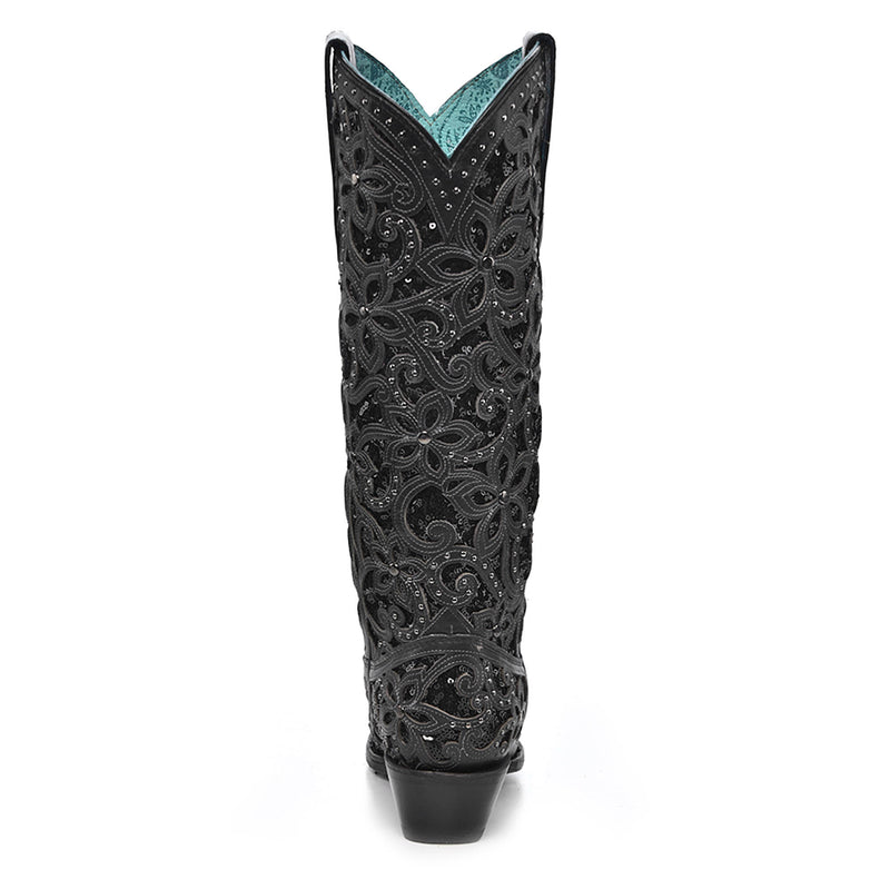 Corral Women`s Black Inlay Floral Crystal Inlay Vamp 13In Matching Top Boot