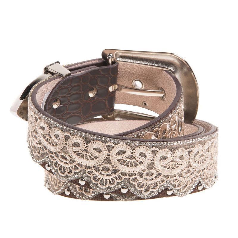 Women's 1 1/2` Brown/Tan Lace Belt w/Clear Studs