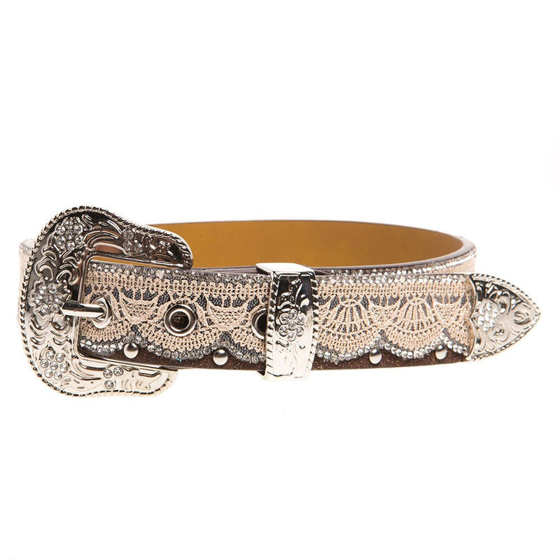 Girl's 1in Brown/Tan Lace Belt w/Clear Studs