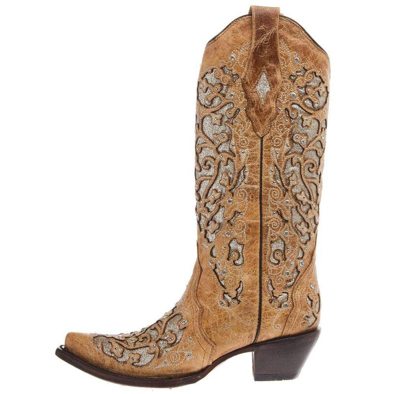 Corral Women`s Beige Inlay Studs & Crystal Snip Toe Boot