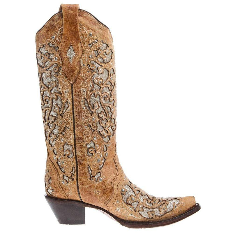 Corral Women`s Beige Inlay Studs & Crystal Snip Toe Boot
