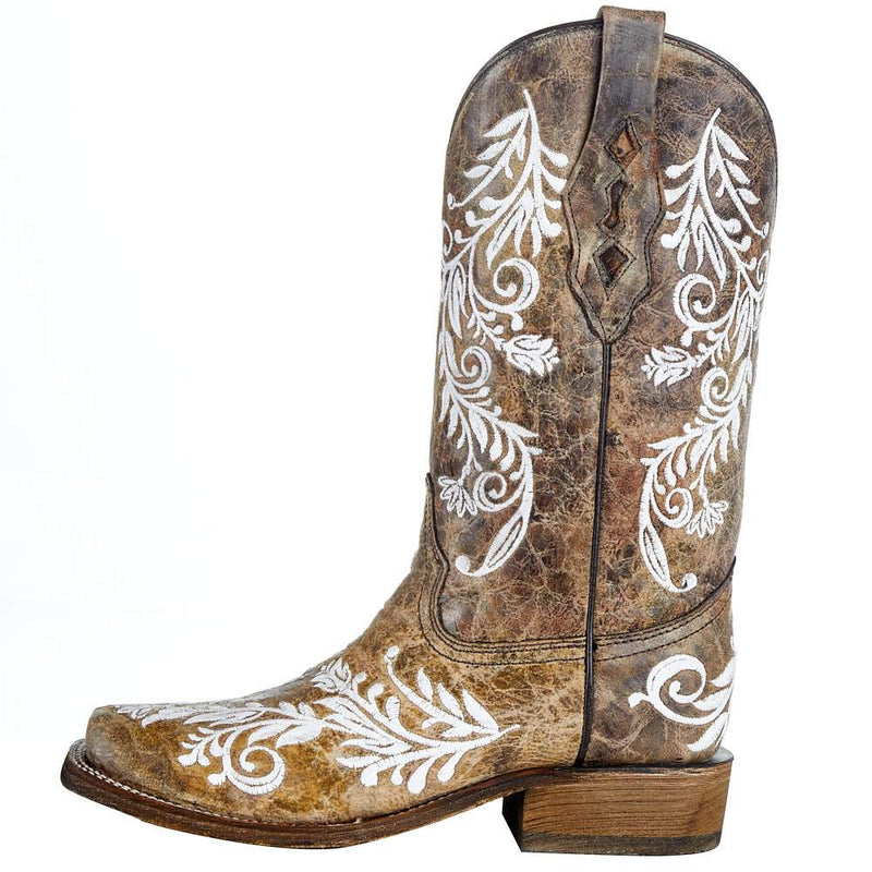 Corral Womens Brown/White Embroidered Square Toe Boot