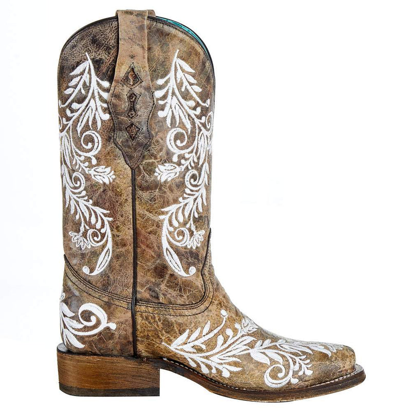 Corral Womens Brown/White Embroidered Square Toe Boot