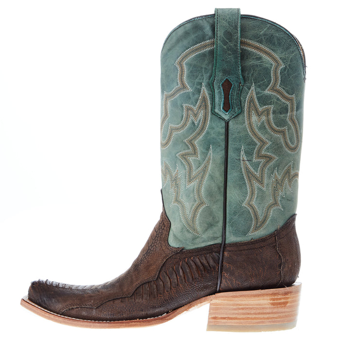 Corral Men`s Brown Ostrich Leg 12` Green Embroidery Top Sq Toe Boot