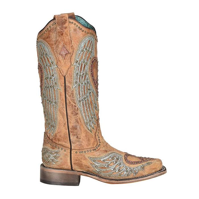 Corral Womens Tan Heart and Wing Square Toe Boot