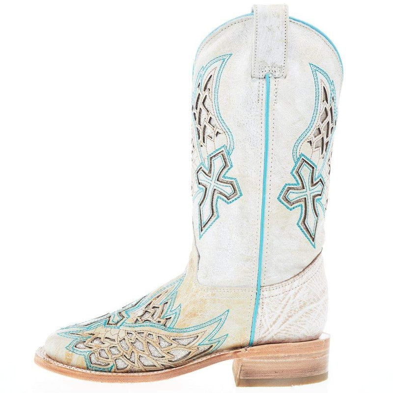 Corral Women's White Inlay Turquoise Embroidery 12 In Top Square Toe Boot