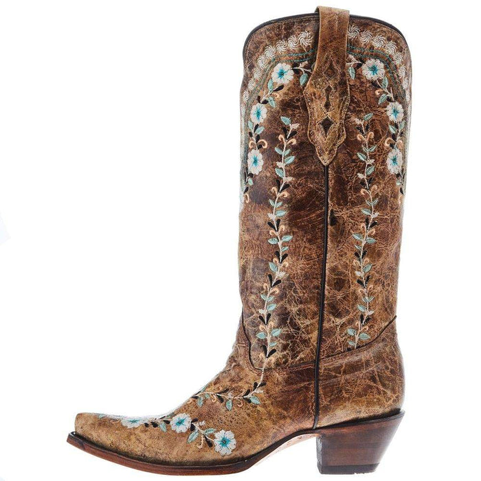Corral Women's Cognac Flowered Embroidery 13 In Top Snip Toe Cowgirl Boot