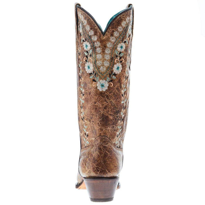 Corral Women's Cognac Flowered Embroidery 13 In Top Snip Toe Cowgirl Boot
