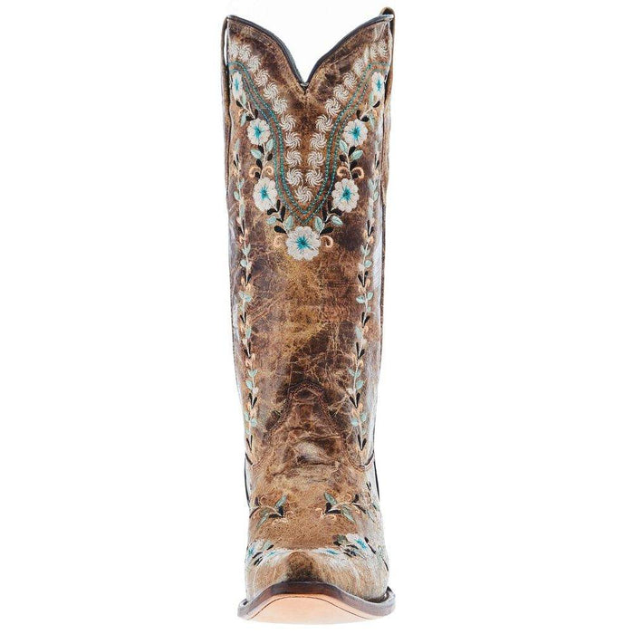 Corral Women's Cognac Flowered Embroidery 13 In Top Snip Toe Cowgirl Boot