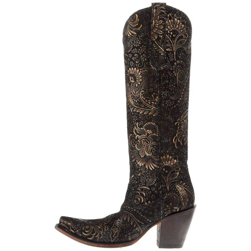 Corral Womens Black And Gold Stamped Floral Suede 16in Top Snip Toe Cowgirl Boot
