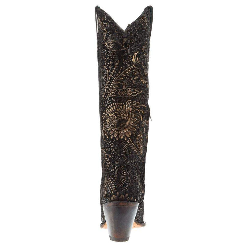 Corral Womens Black And Gold Stamped Floral Suede 16in Top Snip Toe Cowgirl Boot
