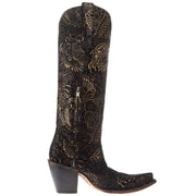Corral Womens Black And Gold Stamped Floral Suede 16in Top Snip Toe Cowgirl Boot