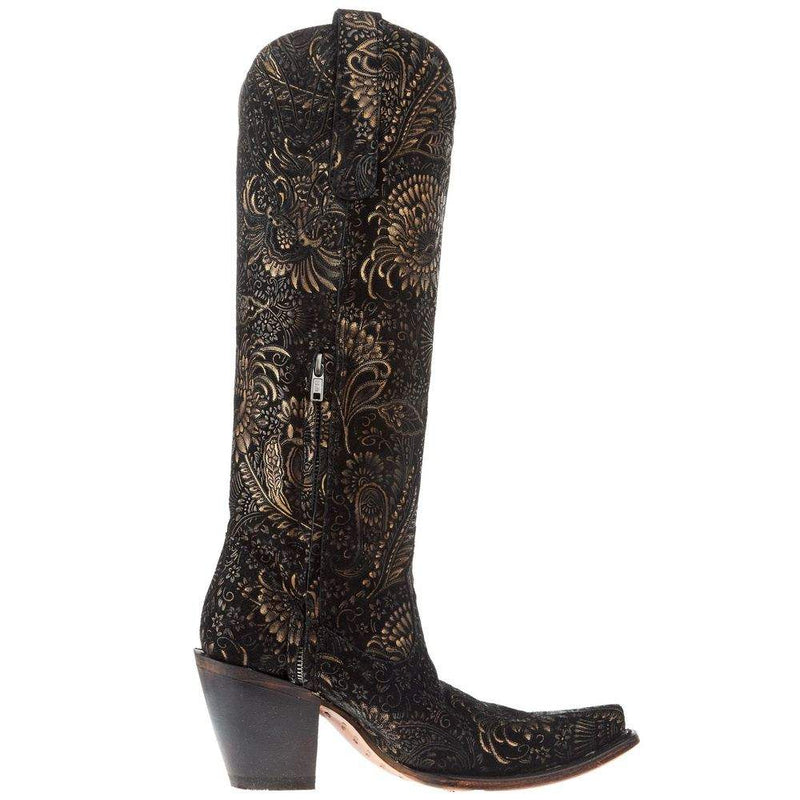 Corral Womens Black And Gold Stamped Floral Suede 16in Top Snip Toe Cowgirl Boot