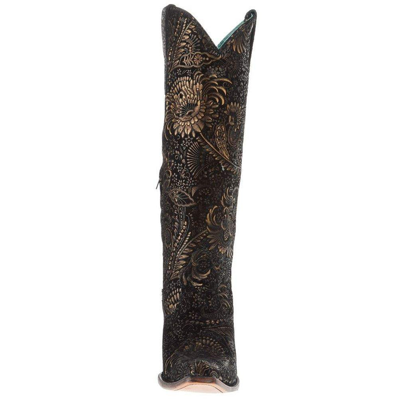Corral Womens Black And Gold Stamped Floral Suede 16in Top Snip Toe Cowgirl Boot