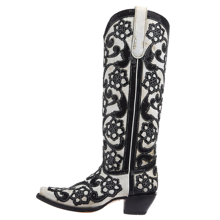 Corral Women's White Floral Overlay Vamp 15in. Matching Top Boot
