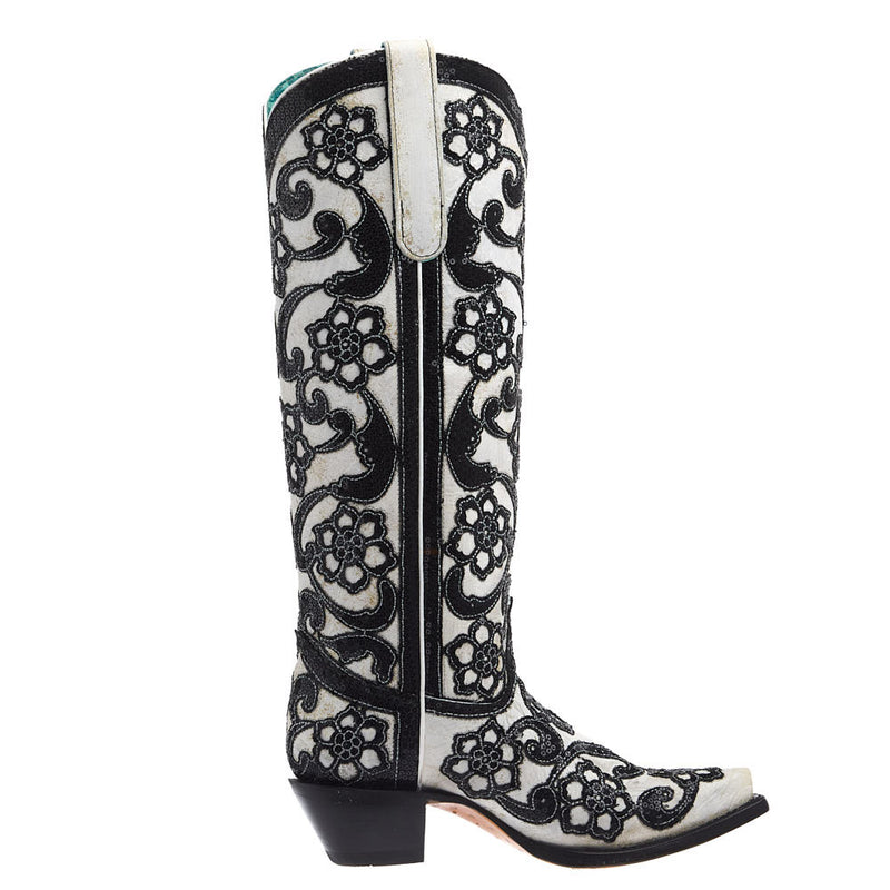 Corral Women's White Floral Overlay Vamp 15in. Matching Top Boot