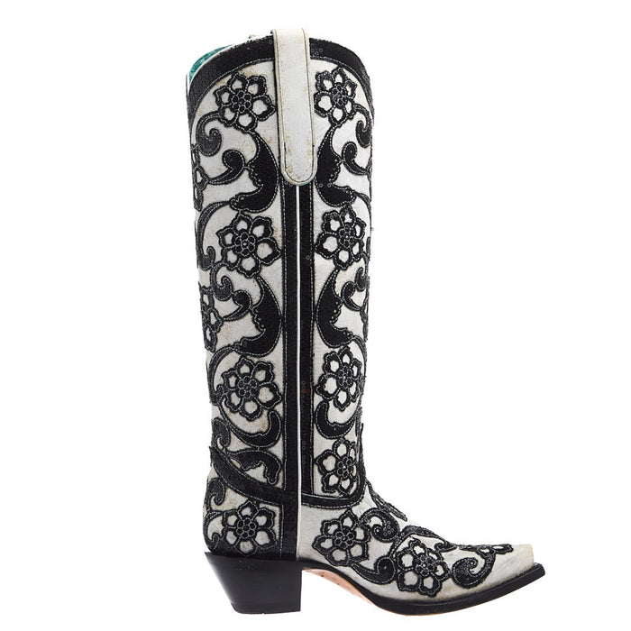 Corral Women's White Floral Overlay Vamp 15in. Matching Top Boot