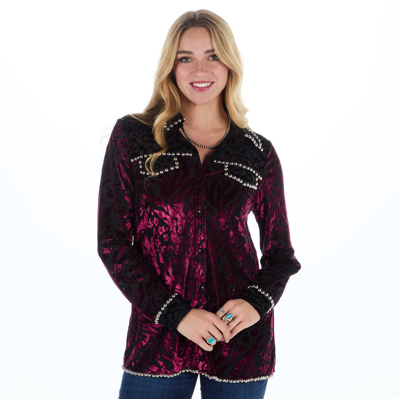 Ciello Womens Black Burgundy Studded Shirt