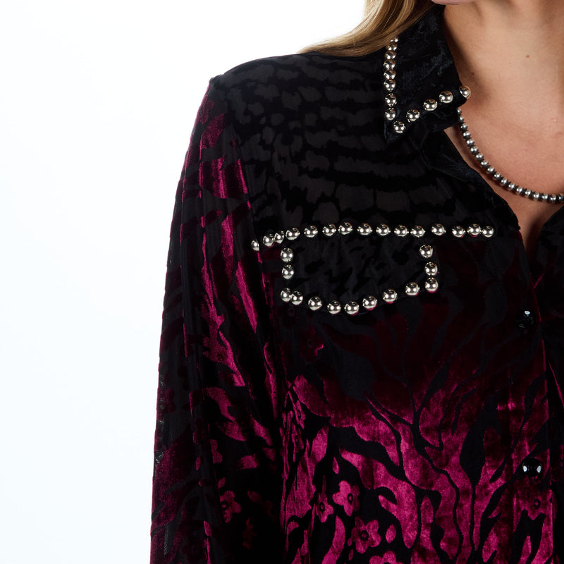 Ciello Womens Black Burgundy Studded Shirt