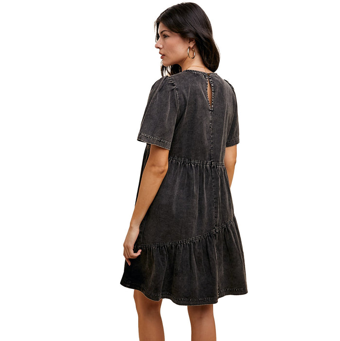Anniewear Women's Black Denim Flutter Sleeve Mini Dress