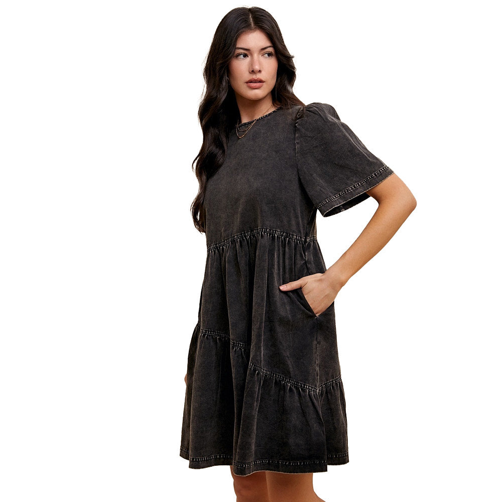 Anniewear Women's Black Denim Flutter Sleeve Mini Dress Anniewear Women's Black Denim Flutter Sleeve Mini Dress