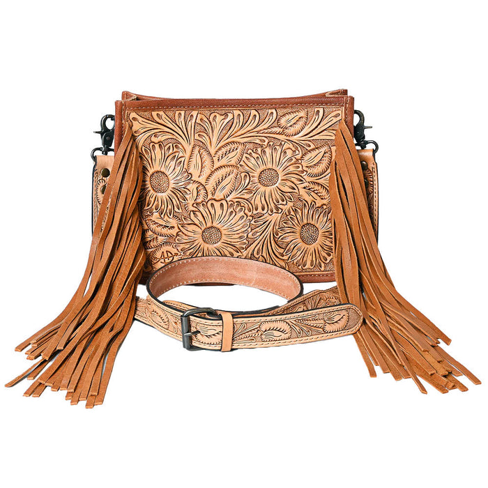 American Darling Tan Tooled Leather Crossbody