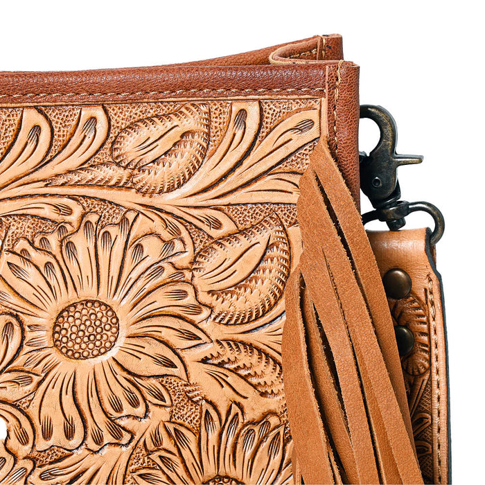 American Darling Tan Tooled Leather Crossbody