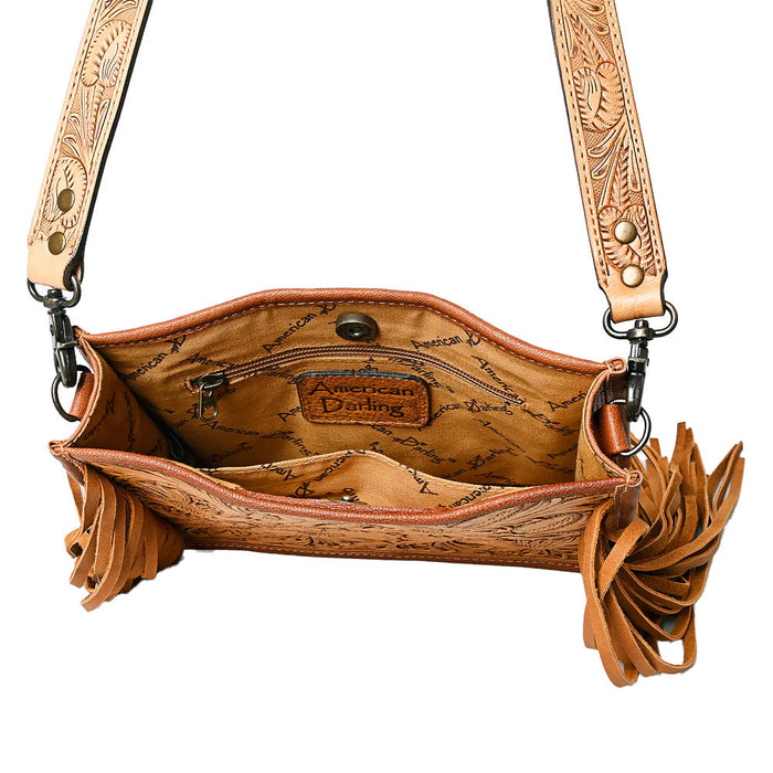 American Darling Tan Tooled Leather Crossbody