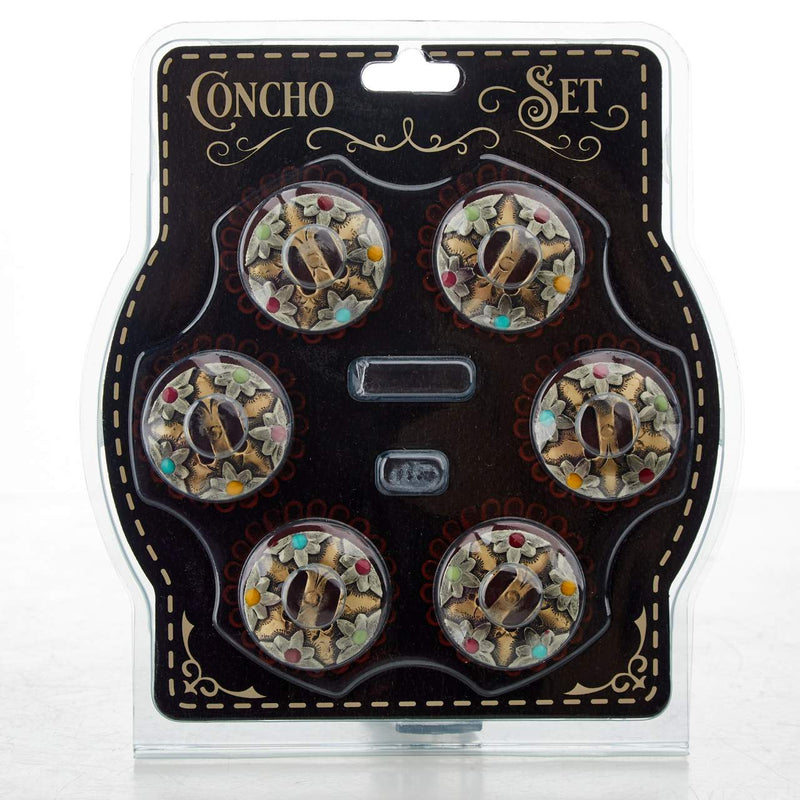 NRS Multi Colored Daisy Flower 6 Piece Chicago Screw Concho Saddle Set
