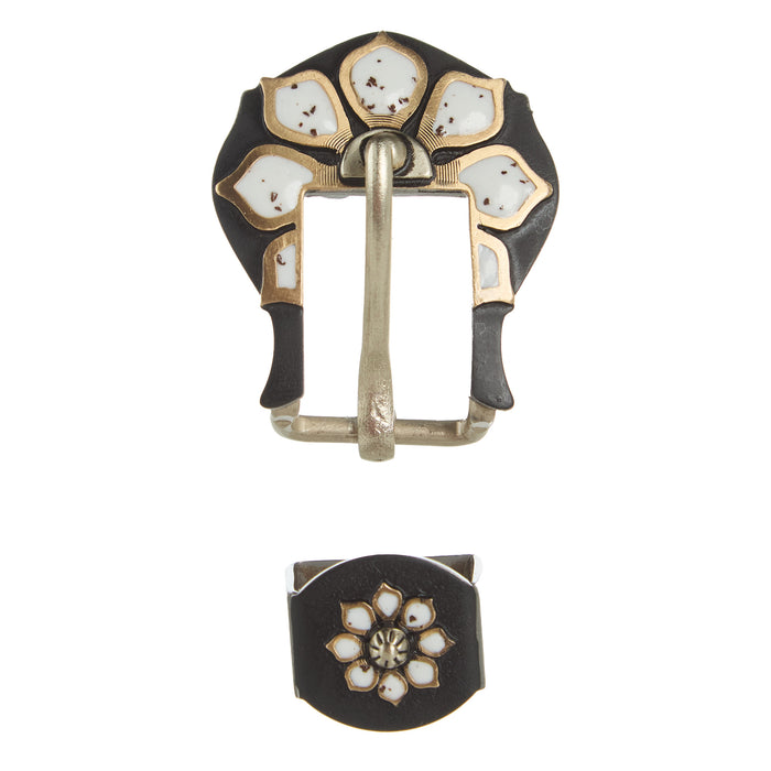 NRS White Stone Brass Flower 3/4in Buckle and Keeper Set