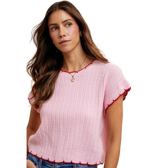 Anniewear Women's Pink & Red Scalloped Edge Sweater Top