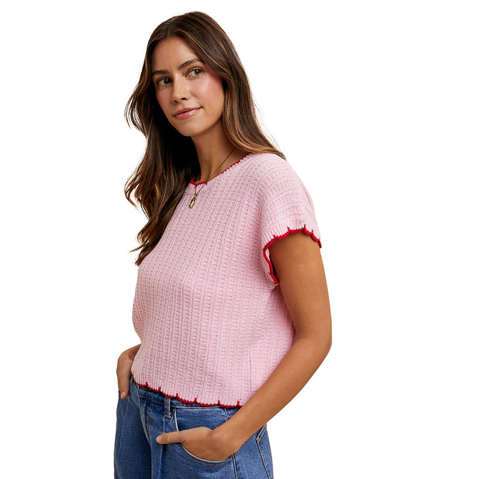 Anniewear Women's Pink & Red Scalloped Edge Sweater Top