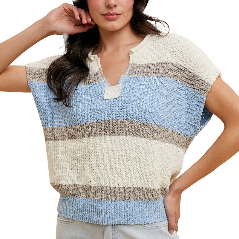 Anniewear Women's Ivory & Blue Low Gauge Color Block Top