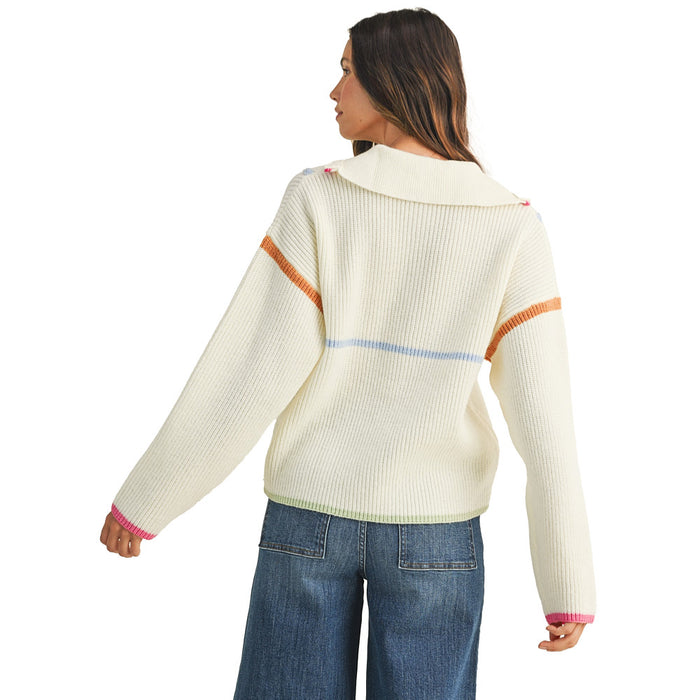 Anniewear Women's Ivory Multi Colored Binding Sweater Top