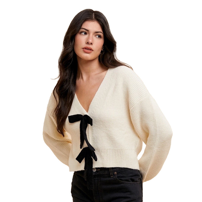 Anniewear Women's Ivory Front Tie Sweater Cardigan